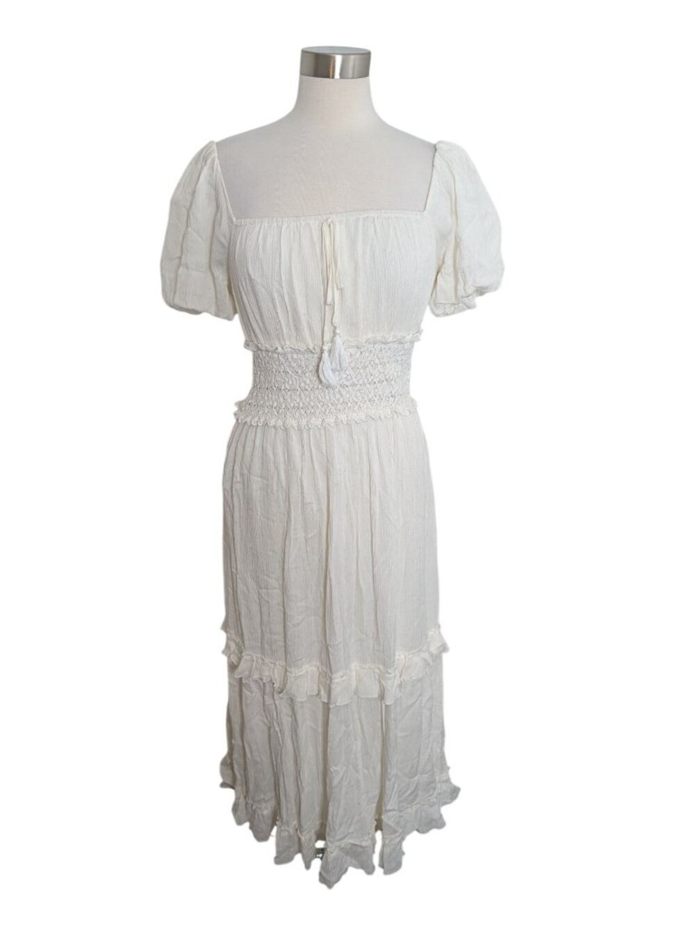 NEW Miss Avenue Cream Tiered Maxi Dress On Or Off Shoulder Size Small Boho - Picture 2 of 16